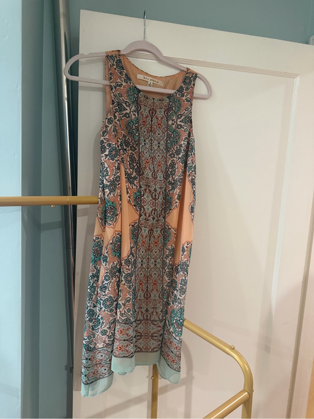 Max Studio Peach Midi Dress with Teal & Coral Pattern